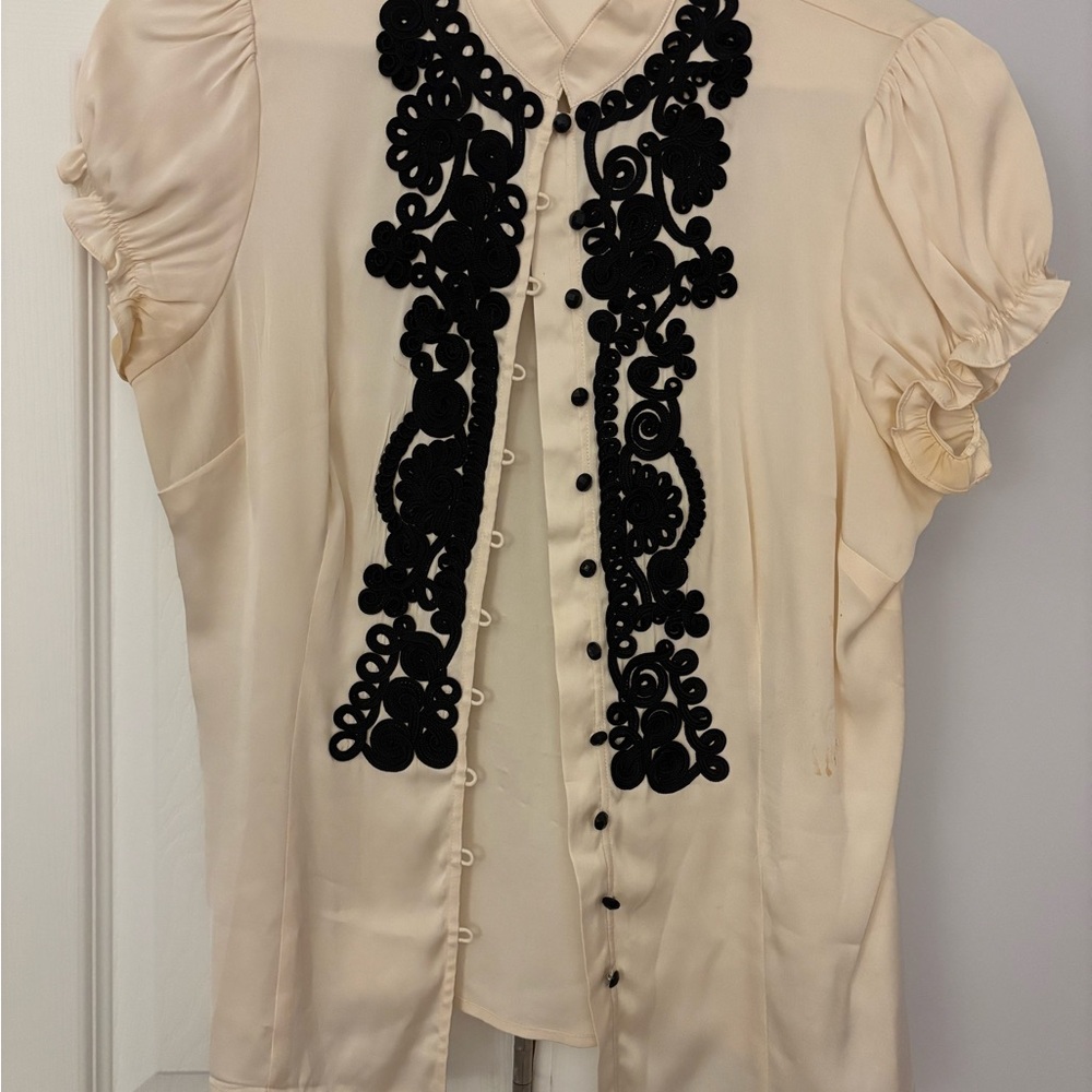 bebe Cream Blouse with Black Floral Appliqué Trim